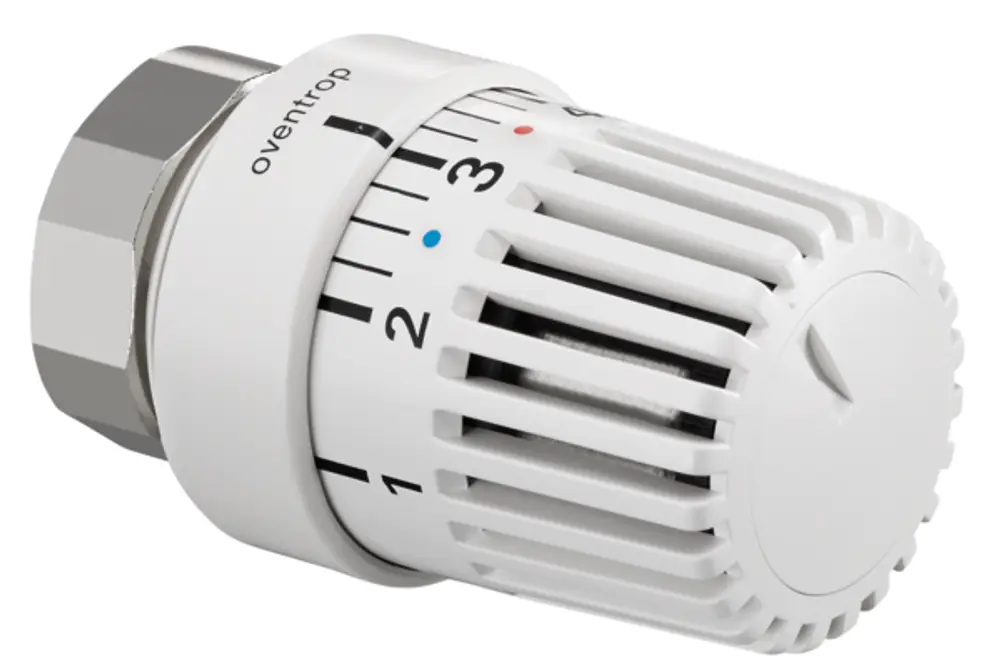 Weißer Oventrop-Thermostat mit drehbarem Einstellknopf und Skala von 1 bis 5. Geeignet für Heizkörperventile.